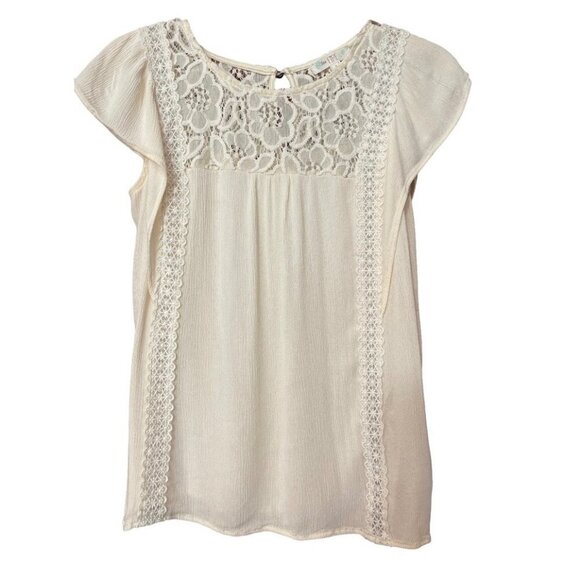 LOVE FIRE Women's Top Small Cream Lace Keyhole Back Ruffled Cap‎ Sleeves Crinkle - Picture 5 of 7